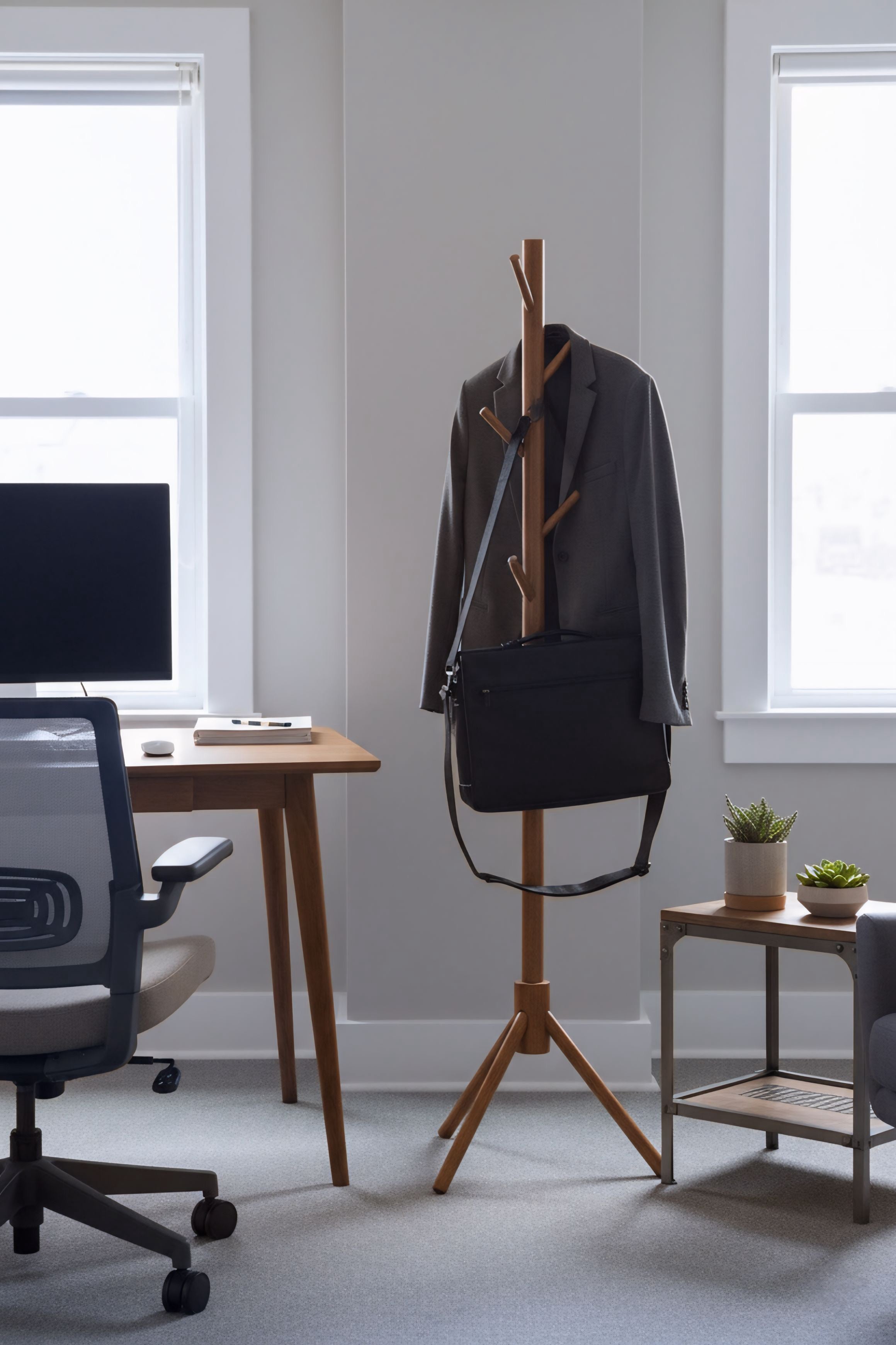 Perchero de Pie 8 Ganchos, Madera Laminada Estable con Base Anti-vuelco, Organizador de Entrada Dormitorio para Abrigos y Gorras, Mueble Rústico que Ahorra Espacio