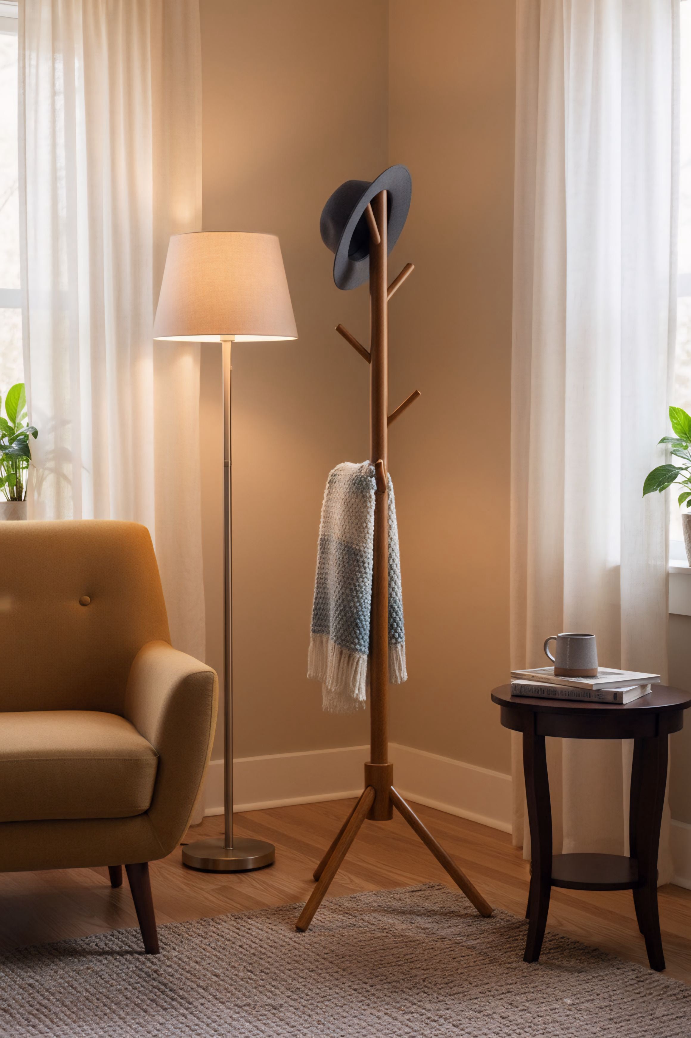 Perchero de Pie 8 Ganchos, Madera Laminada Estable con Base Anti-vuelco, Organizador de Entrada Dormitorio para Abrigos y Gorras, Mueble Rústico que Ahorra Espacio