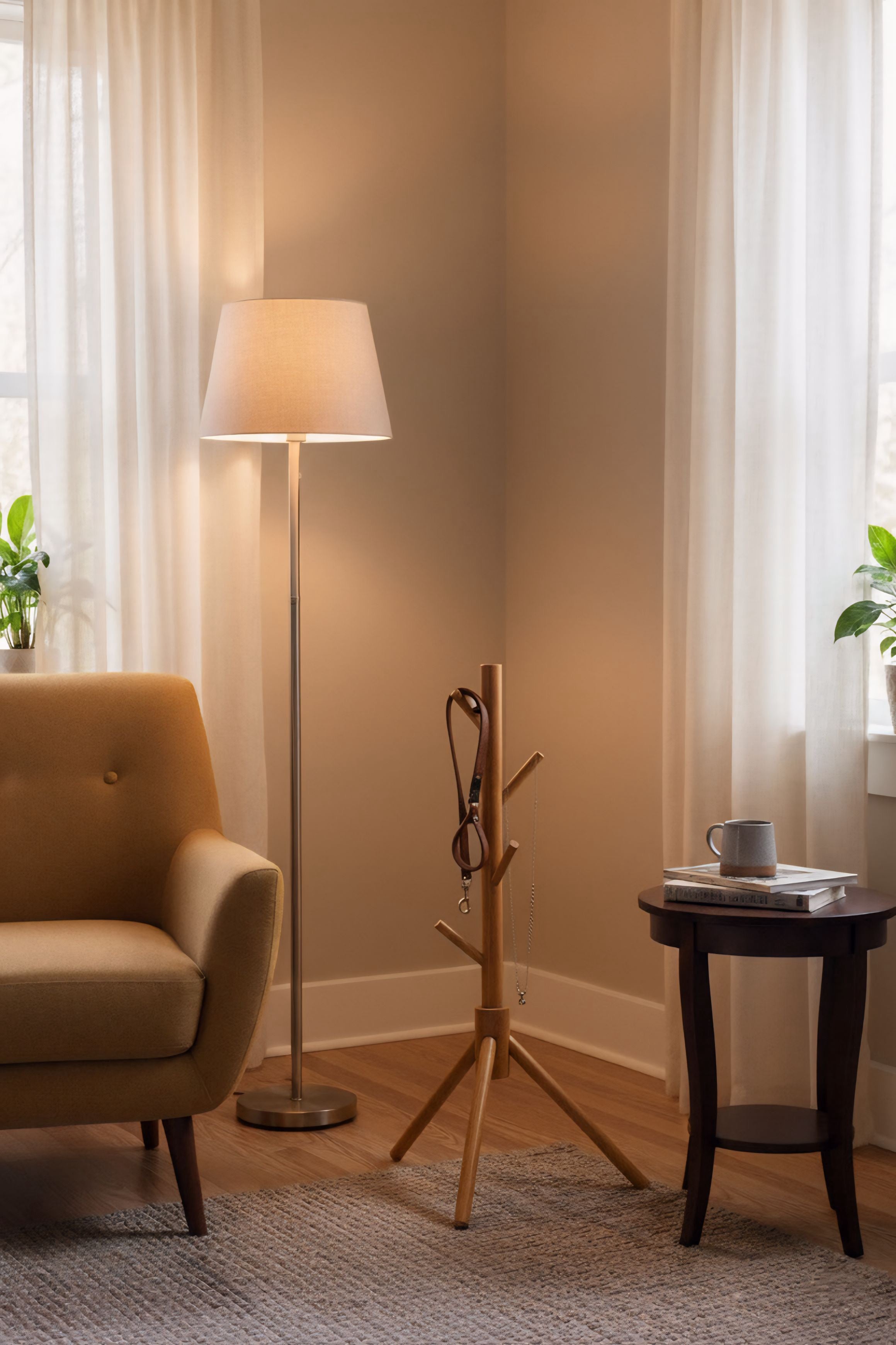 Perchero de Pie 8 Ganchos, Madera Laminada Estable con Base Anti-vuelco, Organizador de Entrada Dormitorio para Abrigos y Gorras, Mueble Rústico que Ahorra Espacio