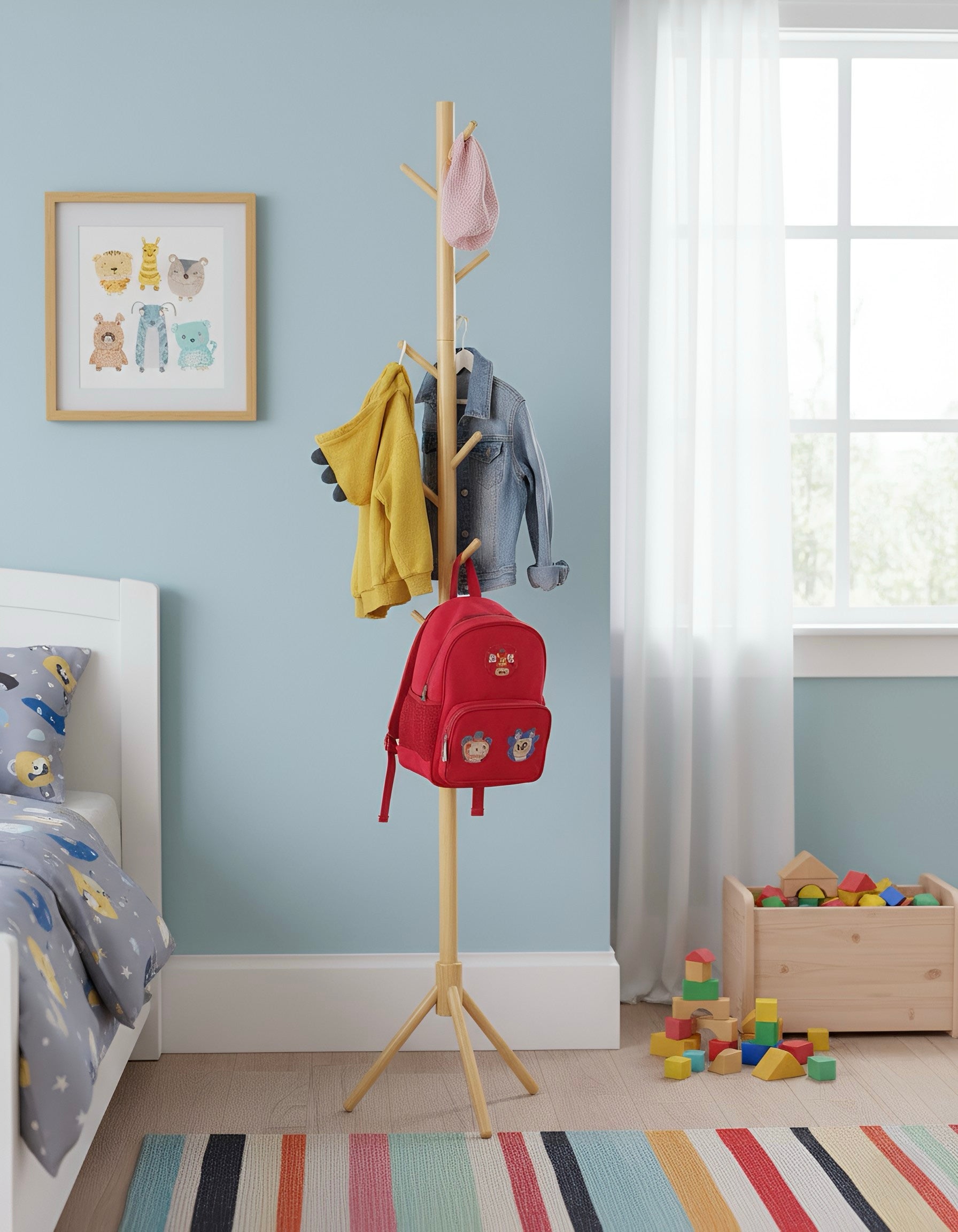 Perchero de Pie 8 Ganchos, Madera Laminada Estable con Base Anti-vuelco, Organizador de Entrada Dormitorio para Abrigos y Gorras, Mueble Rústico que Ahorra Espacio